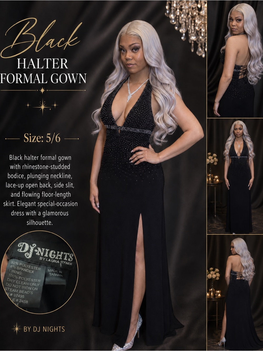 Black Halter Backless Evening Gown with Rhinestone Bodice